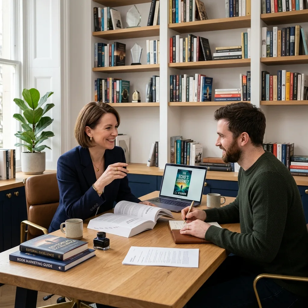 Publishing editorial team collaborating around a manuscript