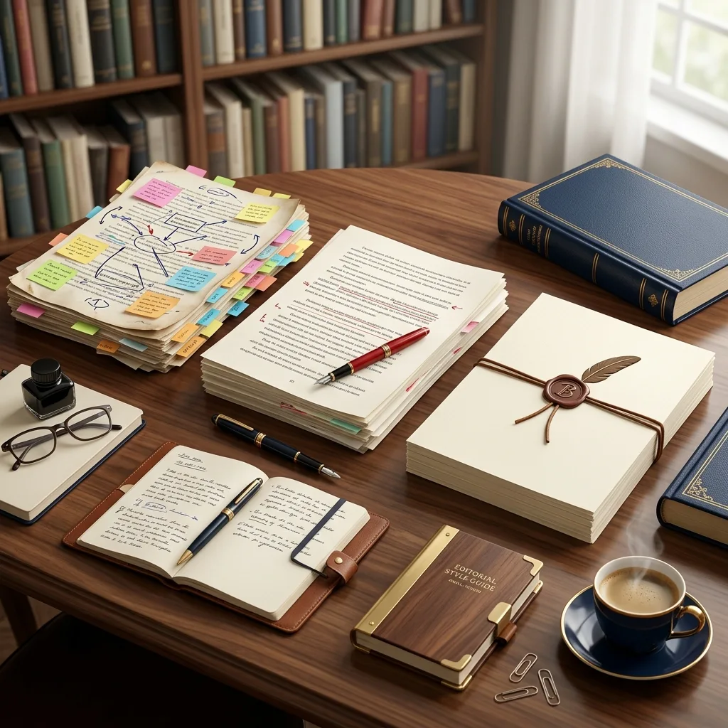 Manuscript pages marked with editorial notes representing the book editing process